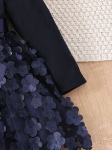 SHEIN Young Girl Appliques Contrast Mesh Ruffle Trim Belted Dress - Navy Blue - View 5