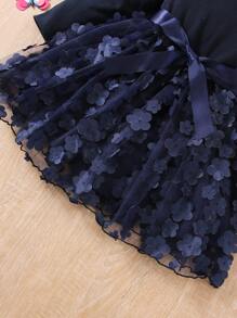 SHEIN Young Girl Appliques Contrast Mesh Ruffle Trim Belted Dress - Navy Blue - View 6