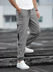 Manfinity Homme Men Patch Detail Drawstring Waist Cargo Trousers - Grey - View 4