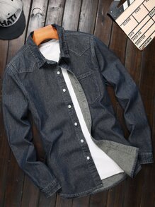 Manfinity Men Top-stitching Denim Shirt Without Tee - Dark Wash - View 1
