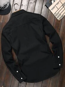 Manfinity Homme Men Cotton Dual Pocket Long Sleeve Button Up Plain Black Work Denim Shirt Without Tee, Going Out Hang Out Urban Commute College , Fall - Black - View 2