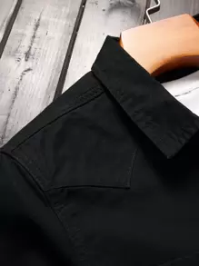 Manfinity Homme Men Cotton Dual Pocket Long Sleeve Button Up Plain Black Work Denim Shirt Without Tee, Going Out Hang Out Urban Commute College , Fall - Black - View 4