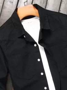 Manfinity Homme Men Cotton Dual Pocket Long Sleeve Button Up Plain Black Work Denim Shirt Without Tee, Going Out Hang Out Urban Commute College , Fall - Black - View 6