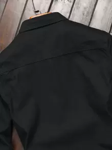 Manfinity Homme Men Cotton Dual Pocket Long Sleeve Button Up Plain Black Work Denim Shirt Without Tee, Going Out Hang Out Urban Commute College , Fall - Black - View 7