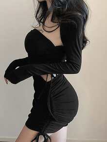 Đầm Cắt ra Dây kéo Xù màu trơn Gợi cảm - màu đen - Xem 3