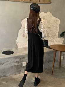 Vestido overol unicolor bajo con abertura sin camisa - Negro - Ver 2