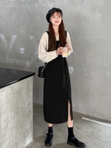 Vestido overol unicolor bajo con abertura sin camisa - Negro - Ver 1
