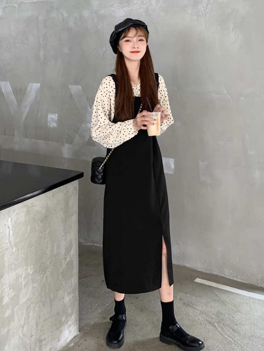 Vestido overol unicolor bajo con abertura sin camisa - Negro - Ver 1