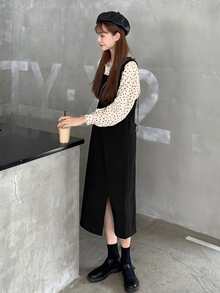 Vestido overol unicolor bajo con abertura sin camisa - Negro - Ver 4