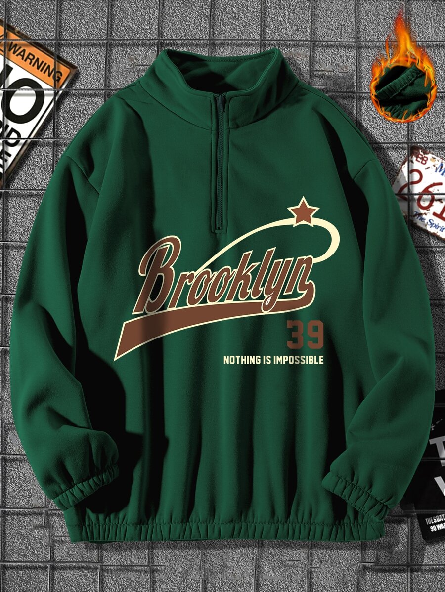 Aesthetic Post--Men Plus Letter Graphic Half Zip Sweatshirt - Dark Green - View 1