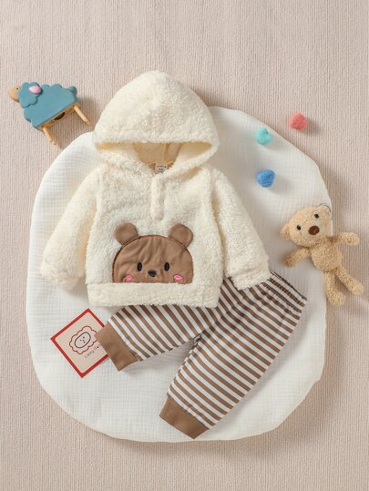 SHEIN 男婴童卡通刺繡法蘭絨連帽衫和條紋圖案長褲