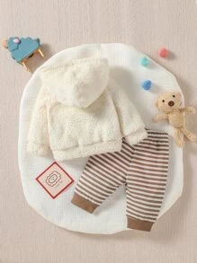 SHEIN 男婴童卡通刺繡法蘭絨連帽衫和條紋圖案長褲