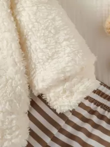 SHEIN 男婴童卡通刺繡法蘭絨連帽衫和條紋圖案長褲