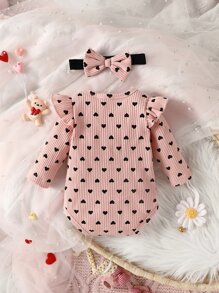 Baby Girl Newborn Heart Print Ruffle Trim Bodysuit With Headband - Pink - View 2