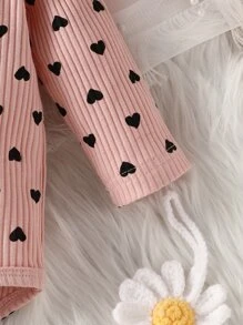 Baby Girl Newborn Heart Print Ruffle Trim Bodysuit With Headband - Pink - View 3