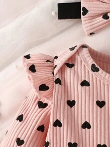 Baby Girl Newborn Heart Print Ruffle Trim Bodysuit With Headband - Pink - View 4