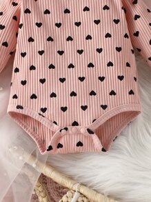 Baby Girl Newborn Heart Print Ruffle Trim Bodysuit With Headband - Pink - View 5
