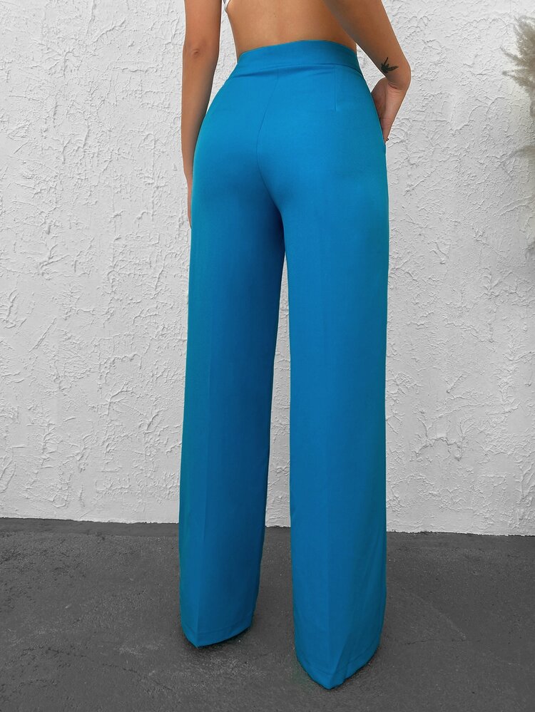 SHEIN Cottnline بنطلون بدلة موحدة اللون خصر عالي - الأزرق - مشاهدة 2