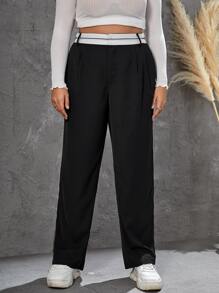 SHEIN EZwear Plus Striped Trim Suit Trousers - Black - View 3