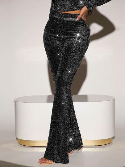 SHEIN SXY High Waist Glitter Flare Leg Pants