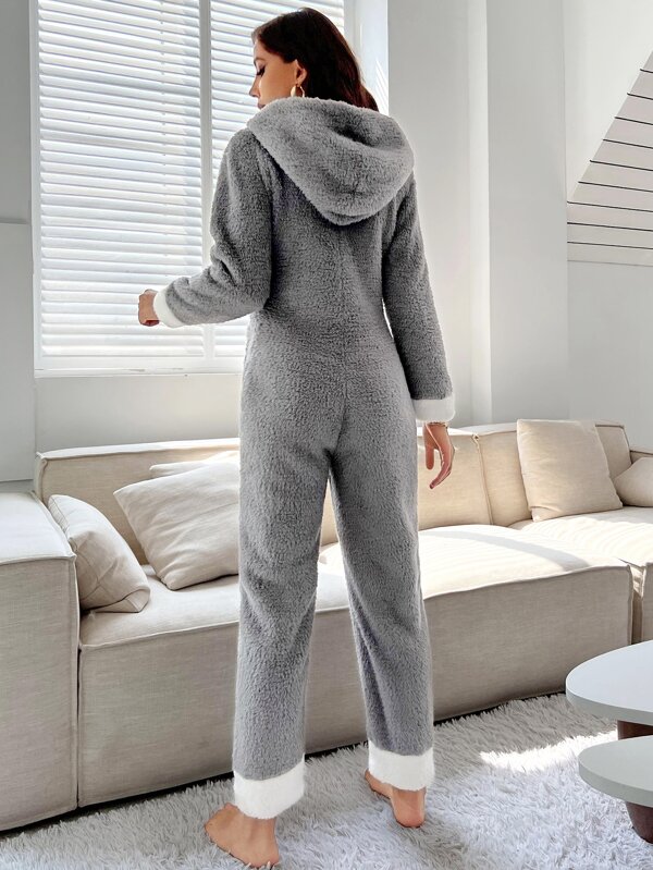 Contrast Trim Hooded Flannel Sleep Onesie SHEIN South Africa