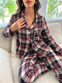 Plaid Print Pocket Patched Blouse & Pants PJ Set / Pajama Set