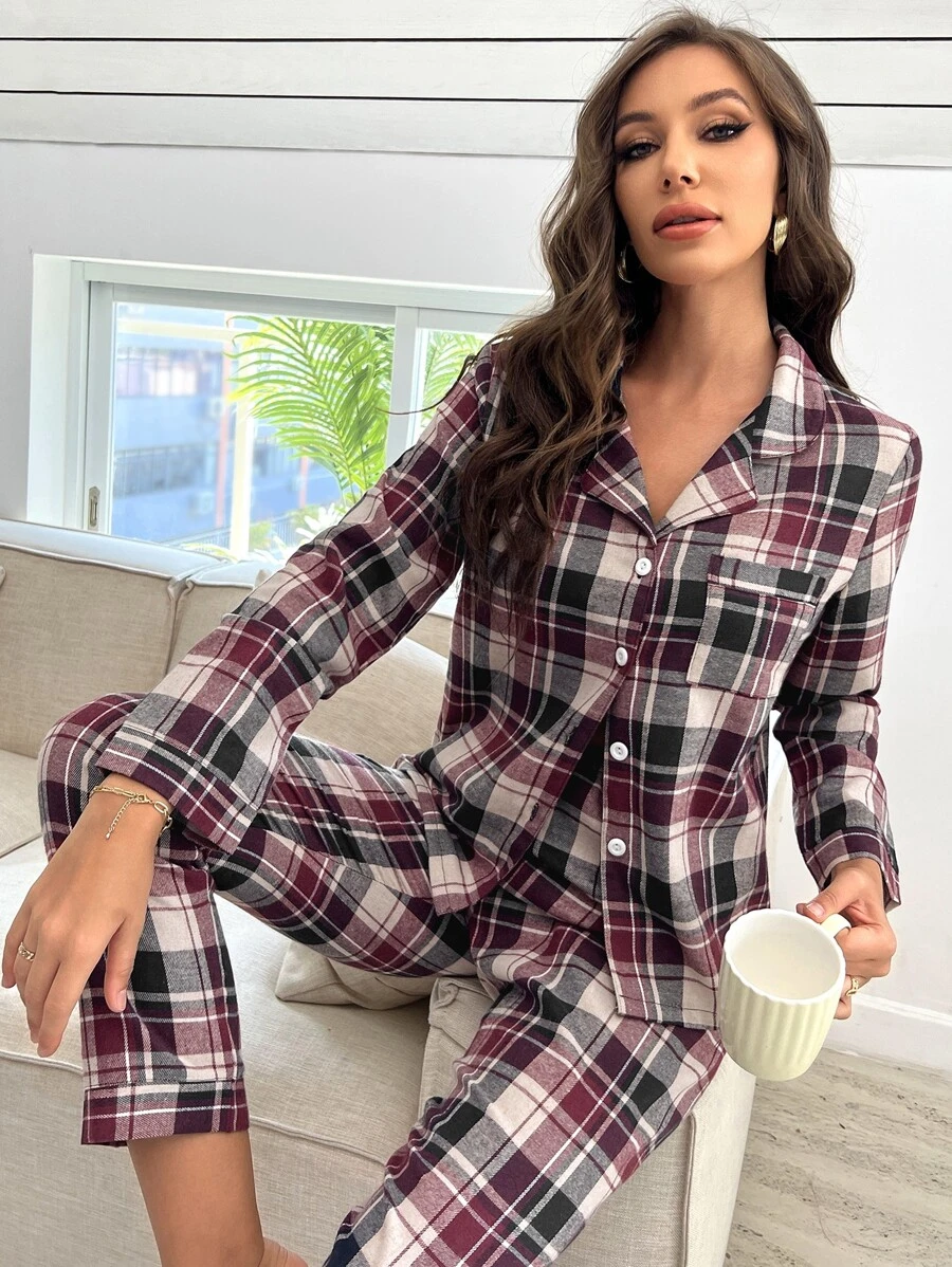 Plaid Print Pocket Patched Blouse & Pants PJ Set / Pajama Set