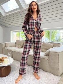 Plaid Print Pocket Patched Blouse & Pants PJ Set / Pajama Set
