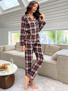 Plaid Print Pocket Patched Blouse & Pants PJ Set / Pajama Set