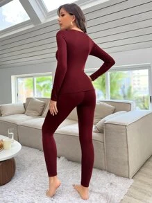 Solid Sweetheart Neck Thermal Underwear Set - Burgundy - View 2