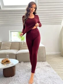 Solid Sweetheart Neck Thermal Underwear Set - Burgundy - View 6