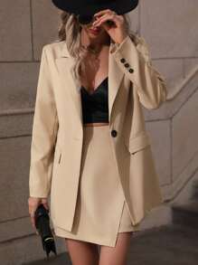 SHEIN Privé Single Button Blazer & Wrap Skirt - Khaki - View 5