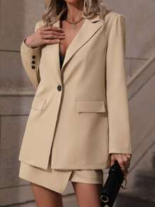 SHEIN Privé Single Button Blazer & Wrap Skirt - Khaki - View 6