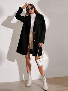 SHEIN Privé Lapel Neck Single Breasted Teddy Coat - Black - View 5