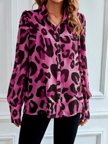 EMERY ROSE Leopard Print Bishop Sleeve Chiffon Shirt - Hot Pink - View 3