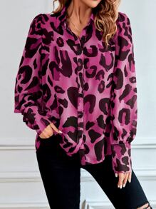 EMERY ROSE Leopard Print Bishop Sleeve Chiffon Shirt - Hot Pink - View 5