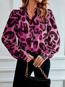 EMERY ROSE Leopard Print Bishop Sleeve Chiffon Shirt - Hot Pink - View 6