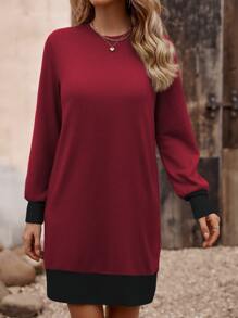SHEIN LUNE Contrast Binding Sweatshirt Dress - Red - View 3