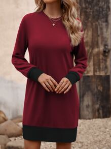 SHEIN LUNE Contrast Binding Sweatshirt Dress - Red - View 4