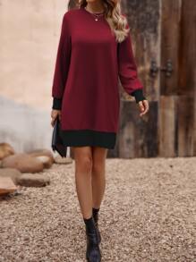SHEIN LUNE Contrast Binding Sweatshirt Dress - Red - View 6