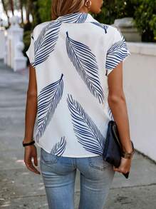 SHEIN LUNE 熱帶圖案蝙蝠袖海灘襯衫 - 藍白色 - 查看 2