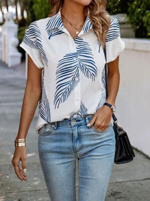 SHEIN LUNE 熱帶圖案蝙蝠袖海灘襯衫 - 藍白色 - 查看 4