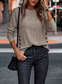 SHEIN LUNE Button Detail Drop Shoulder Tee - Apricot - View 3