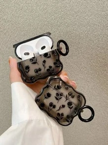 1pc Black Floral Design Earphone Case Compatible With Airpods Pro, Pro2, Airpods 3, Airpods 2, 1 With Fashionable Stand Feature - Black - View 1