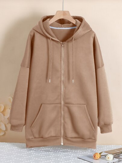 SHEIN EZwear Plus Zip Up Drop Shoulder Drawstring Thermal Lined