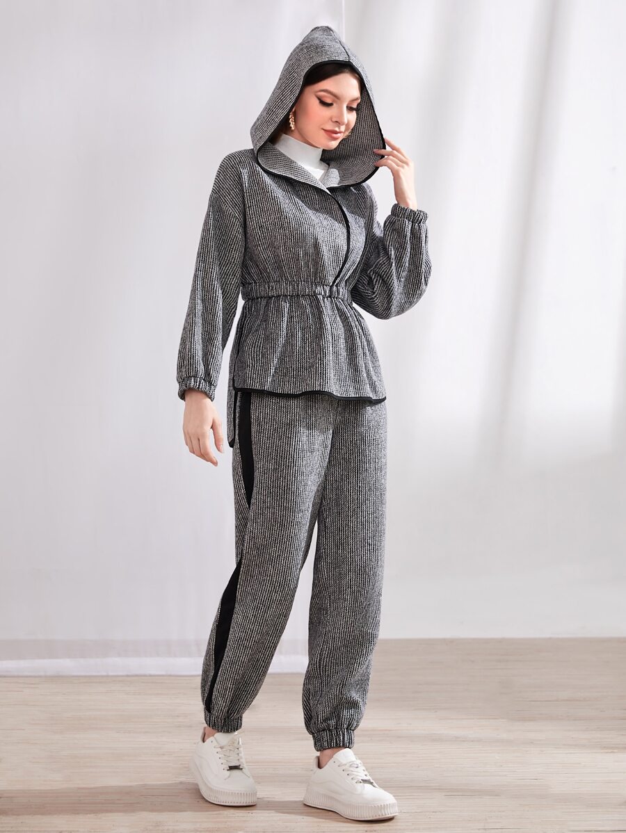 Mulvari Drop Shoulder Asymmetrical Hem Hoodie & Contrast Trim Joggers - Dark Grey - View 1