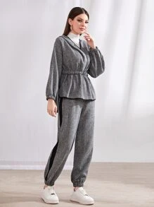 Mulvari Drop Shoulder Asymmetrical Hem Hoodie & Contrast Trim Joggers - Dark Grey - View 4