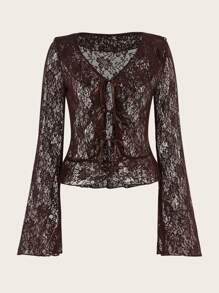 Lace Tie Front Top - Chocolate Brown - View 1