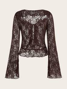 Lace Tie Front Top - Chocolate Brown - View 2