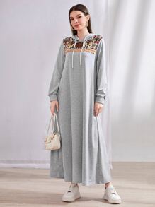 Mulvari Geo Print Drawstring Hooded Sweatshirt Dress - Light Grey - View 1